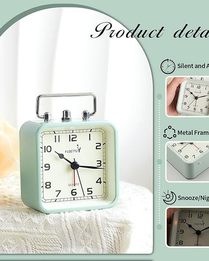 FLOITTUY Square Metal Beep Alarm Clock Silent No Ticking, Snooze and Battery Operated, Night Light and Desk Clock for Bedroom/Travel/Kids, Easy Set(Green)