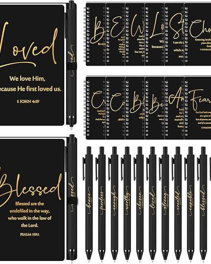 Kosiz Inspirational Valentines Christian Gifts Bulk A6 Notebook Prayer Journal with Pens Spiral Journal Religious Gift for Women Men Church Bible Study Group Teacher Coworker(12 Sets,Black)