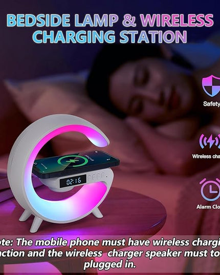Mini Wireless Speaker with Atmosphere Light, Wireless Charging, Alarm Clock and Bedside Lamp (White)