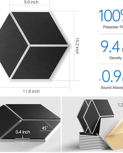 12-Pack Self-Adhesive Acoustic Panels 12" x 10" x 0.4" High-Density, Flame-Resistant Soundproof Foam. Absorbs Noise and Eliminates Echoes, Hexagonal 3D Design(BlackFace)