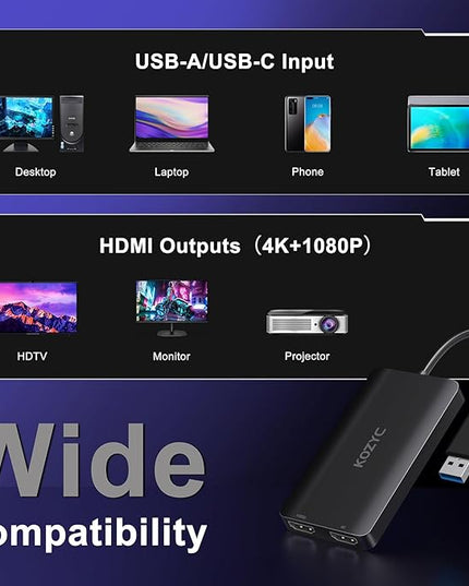 KOZYC USB 3.0 to HDMI Splitter Extended Display Dual Monitors, USB 3.0-A/C to Dual HDMI Adapter 4K@30Hz+1080p@60Hz Compatible MacBook/MacBook Pro Air Dell (MST Support MacOS/Windows)