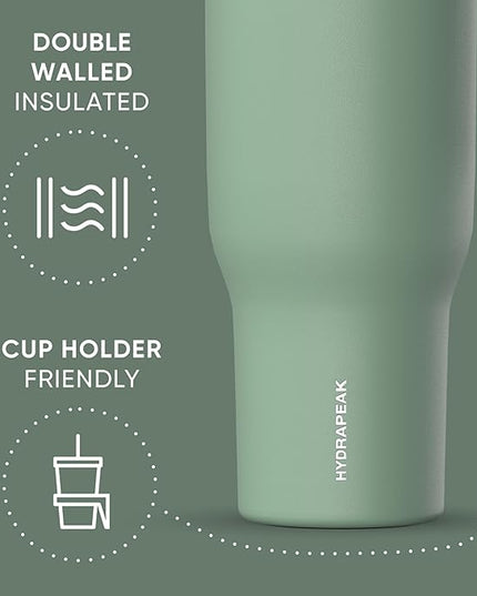 Hydrapeak Voyager 40 Oz Stainless Steel Tumbler with Handle, Insulated Water Bottle With Straw & Lid, Cupholder Friendly Reusable Travel Mug (Sage)