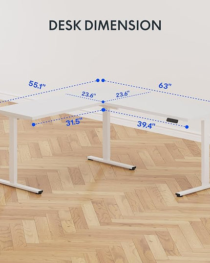 FLEXISPOT L Shaped Standing Desk, 63 x 55 Inch Electric Height Adjustable Corner Desk, Sit Stand Computer Workstation, Preset Controller, Home Office, White Frame with White Top