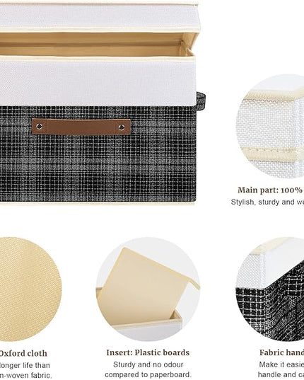 TYEERS Collapsible Storage Bins with Lids, Patchwork Design, Washable, Fabric Storage Boxes, 14.9x9.8x9.8 inches, 3 Pack, Black