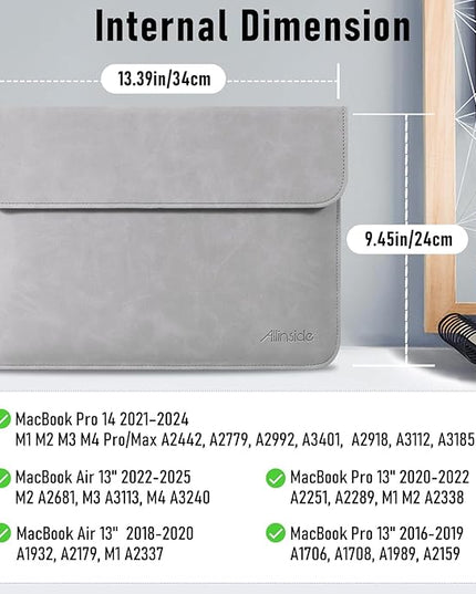 Allinside 13 Inch Laptop Sleeve Case for MacBook Air 13 2018-2025/MacBook Pro 13 2016-2022/Macbook Pro 14 2021-2024, Waterproof Matte PU Leather Horizontal Envelope Protective Case Cover, Gray