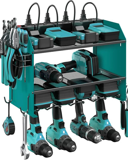 CCCEI Modular Power Tool Organizer Wall Mount with Charging Station. Garage Drill Storage Shelf with Hooks, Heavy Duty Rack, Tool Battery Holder Built in 8 Outlet. Gift for Men. Navy Blue, 2 Pack.