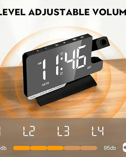 SZELAM Digital Clock,Alarm Clock Bedside with Projection,7.3" Mirror Clock with 180°Rotating Projector,Dual Alarm with 3 Mode,Brightnee Adjust,DST,Snooze,Charging Port,5 Levels Volume for Desk Teens