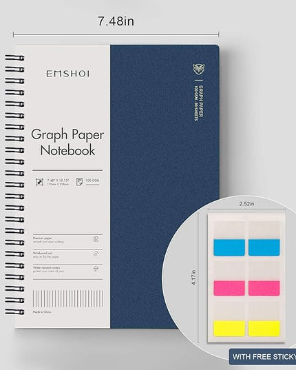 EMSHOI Graph Paper Spiral Notebook 7.48" x 10.15" - 2 Pack 320 Pages 100gsm Thick Grid Paper, B5 Graph Paper Notebook, Plastic Hardcover Journals for Writing Engineering Graphing Work School Supplies