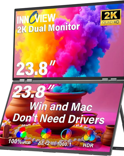 InnoView 2025 23.8" 2K Dual Portable Monitor QHD 2560 x 1440P 100% sRGB - Foldable & Stackable Design with 315° Screen Adjustment & 180° Stand | USB-C/HDMI, Dual Monitor for Laptop, Mac, Windows