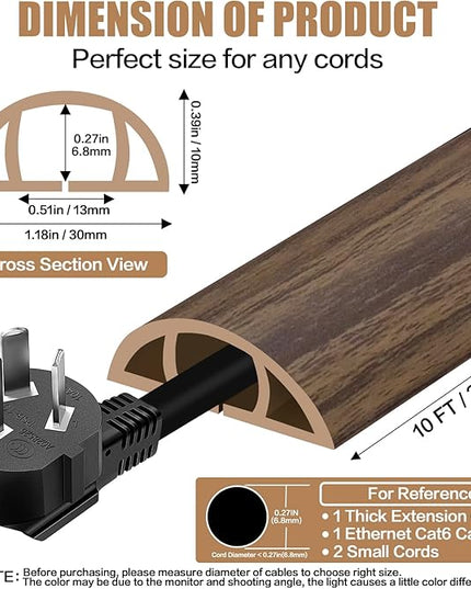 Floor Cord Cover Self Adhesive Cord Hider,10FT Cable Management, Extension Strip Protector for Wires, Prevent Cable Trips for Offices, Gyms, Exhibitions Cavity:0.39"(W) x 0.27"(H) Wood Walnut