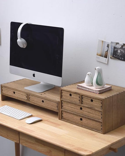 KIRIGEN Wood Monitor Stand with 2 Drawers - Computer Arm Riser Desk Storage Organizer,Speaker TV Laptop Printer Stand with Pen Slot and Cable Management,Dark Brown Desktop Shelf for Office DBR-2PMJ