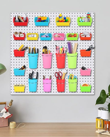 Roowest 60 Pcs Pegboard Cups Pegboard Bins Set, Wall Organizer with Hooks and Loops, Hooks Assortment Organizer Accessory for Office Storage Garage Craft Workshop(Multi Colors)