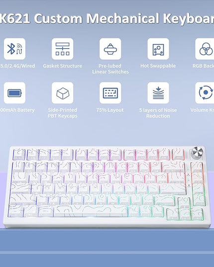 HUO JI 75% Wireless Mechanical Gaming Keyboard, Bluetooth/2.4G/USB Wired, Creamy Sound, RGB Backlit, Hot Swappable Pre-lubed Linear Switches, Volume Knob, Custom Gasket Structure for Win/Mac, White