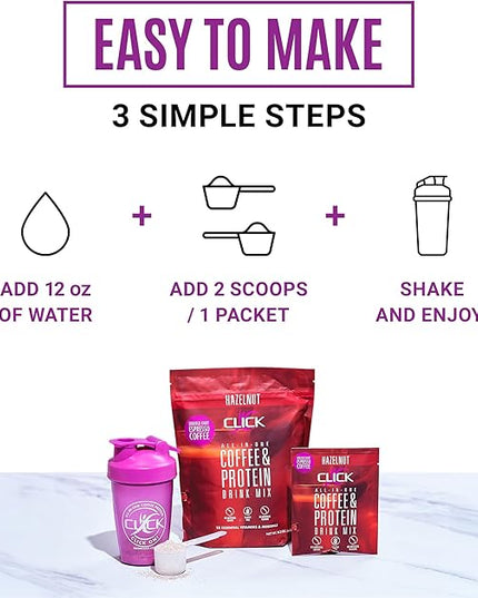 Click Coffee Protein Powder | Double Shot Espresso | 16g Protein | 23 Essential Vitamins | Low Calorie Meal Replacement | 150mg Caffeine | Gluten Free | No Artificial Flavors or Colors | Hazelnut