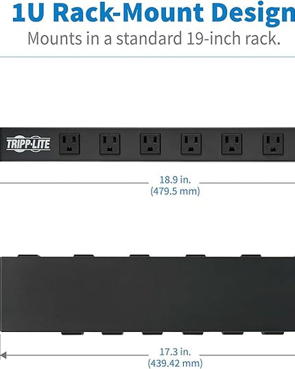 Tripp Lite 12-Outlet Rack Mount Power Strip PDU, Six Front & Six Rear Facing Outlets, 15A, 120V, 15ft Cord with Right-Angle Plug, Horizontal 1U Rack Mount, Black