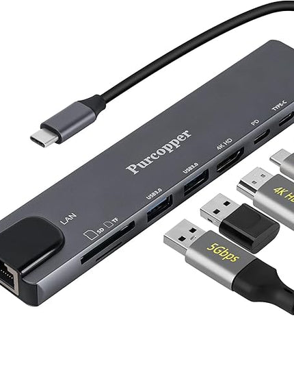 8 in 1 USB C Hub Ethernet Adapter with 4K HDMI, PD100W Charging, Gigabit Ethernet, SD/TF Card Reader,2X USB 3.0 Port, USB-C Data Port, Docking Station Compatible for MacBook, Tablet and Type C Devices