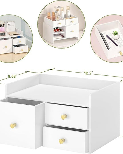 Bamboo Desk Organizer with Drawers Wooden Desktop Storage Drawers for Bills Office Supplies Kitchen Utensils Organizing Tool for Home Classroom Organization No Assembly (3 Drawer, White)
