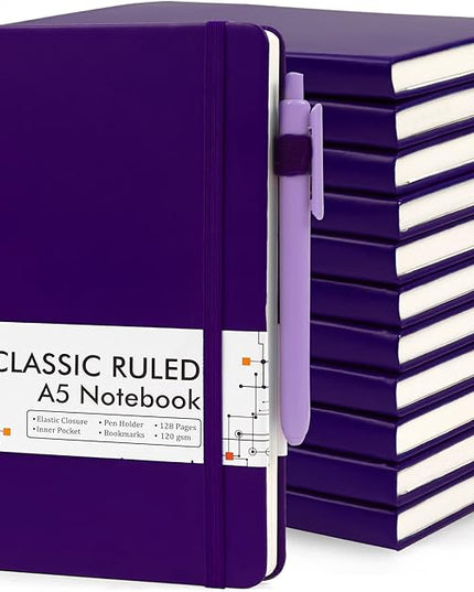 feela 12 Pack Notebooks Journals Bulk, Hardcover Notebook Classic Ruled Journal Set with Pen Holder for School Business Work Travel Writing, with 12 Black Pens, 120 GSM, 5.1”x8.3”, A5, Purple