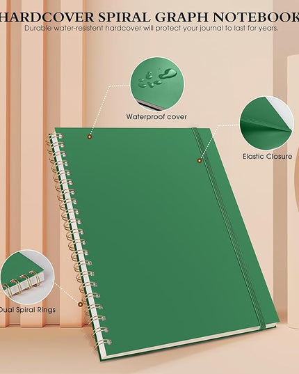 Graph Paper Notebook, Spiral Notebook Journal 8.5” x 11”, A4 Large Grid Notebooks for Women Men, 100 GSM Graph Paper, Plastic Hardcover Spiral Graphing Journals for Work School Engineerin, Green