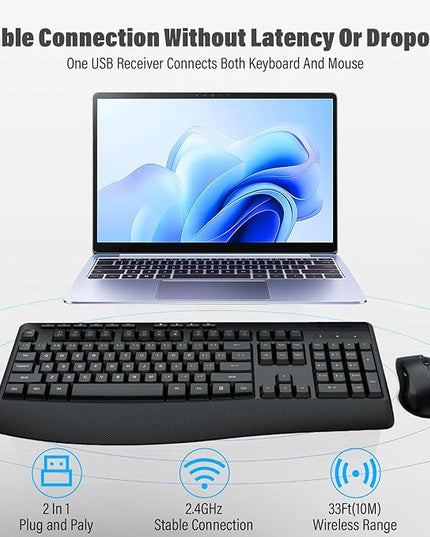 E-YOOSO Wireless Keyboard and Mouse Combo,Silent Soft Touch Quiet Keyboard Less Noise 90%,Ergonomic with Wrist Rest,2.4GHz 104 Keys Full Size,2400 DPI Mouse,for PC Computer/Laptop/Mac Air/Mini/Pro