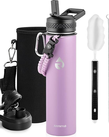 Insulated Water Bottle 24oz, Triple Wall Vacuum Stainless Steel (Cold for 48 Hrs, Hot for 24Hrs), Leak Proof & Non-BPA, 24oz Hydro Water Flask with Paracord Handle & Straw Spout Lids