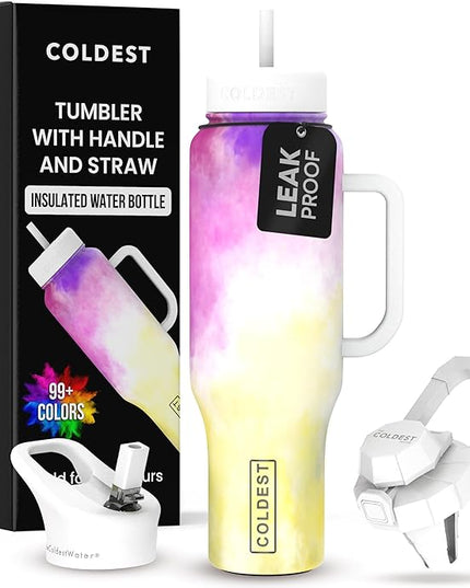 Coldest Tumbler with Handle and Straw, 100% Leak Proof Insulated Tumbler with Lid and Straw (3 Lids), Stainless Steel Tumblers for Women & Men, Cup Holder Friendly, 46 oz (Clouds of Tie Dye)