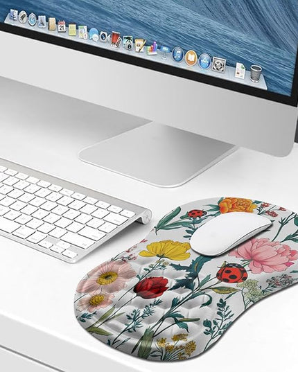 Hokafenle Ergonomic Mouse Pad Wrist Support, Wrist Rest Mousepad for Carpal Tunnel Pain Relief with Integrated Memory Foam Slope Massage Bulge (11.8x7.9 inch,Flowers and Ladybugs