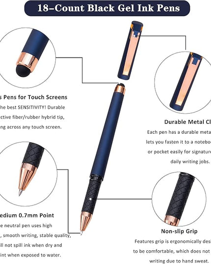 Linbsunne Black Gel Pens 0.7mm Medium Point Pen Office Pens 2-in-1 Stylus Pens for Touch Screens Gel Ink Rollerball Pens for Writing (18 Pack-blue)