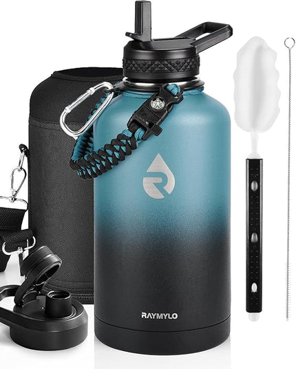 Insulated Water Bottle 64 oz, Triple Wall Vacuum Stainless Steel (Cold for 48 Hrs), Leak Proof & Non-BPA, Half Gallon Water Flask Jug with Paracord Handle & Straw Spout Lids