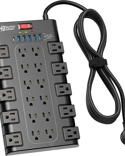 Power Strip Surge Protector, SUPERDANNY 8Ft Long Extension Cord with 6 USB Charging Ports and 22 AC Outlets, 1875W/15A, 2100 Joules, Flat Plug Power Outlet for Home, Office, Dorm, Gaming Room, Black