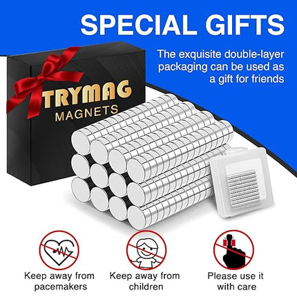 TRYMAG 180Pcs Small 5x2mm Strong Neodymium Magnets, Tiny Rare Earth Round Fridge Magnets for Whiteboard, Office, DIY, Science, Photo - Come with a Storage Case