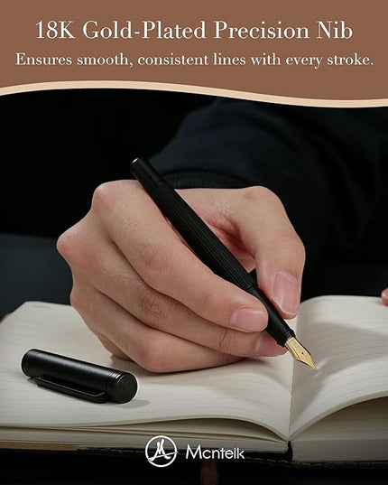 MCNTEIK Matte Black Forest Fountain Pen, Exquisite Vertical Grooving Design, 18K Gilded Nib (Fine), Fancy Pen Gift Set for Men & Women, Professional, Business Signature, Office, Nice Designer Pens