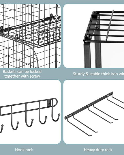 Garage Shelf Wall Mounted with Wire baskets, Heavy Duty Garage Wall Shelving with Garden Tool Rack and Hooks, Wire Shelf Baskets Tool Organizer for Home Garden Yard Organization and Storage
