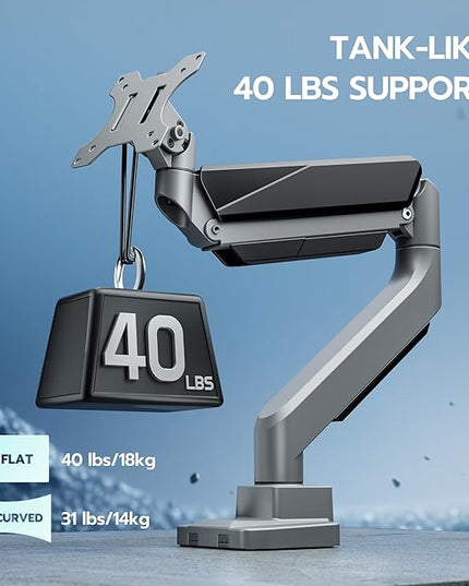ARES WING Ultrawide Monitor Arm, Heavy Duty Single Monitor Mount for 13"-49" Curved Screens, Adjustable Stand for Desk with C-clamp & Grommet Base up to 40 LBS, Gray