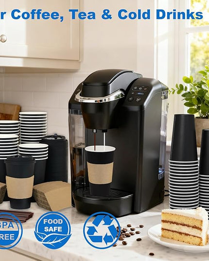 Coolcap 16 oz 50 Pack Coffee Cups with Lids and Sleeves, Straws, Hot Disposable To Go Travel Paper Cups Bulk for Office, Home Coffee Bar Accessories, Chocolate, Cocoa, Beverage (Black)