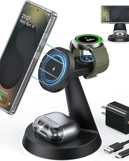 Magnetic Wireless Charger for Samsung, 3 in 1 Charging Station Compatible with MagSafe Samsung Charger for Galaxy S25 Ultra S24 Z Fold7/Flip7, Watch Charger Stand for Galaxy Watch Ultra 8 7, for Buds