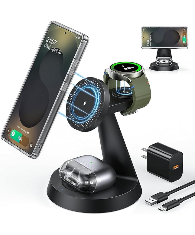 Magnetic Wireless Charger for Samsung, 3 in 1 Charging Station Compatible with MagSafe Samsung Charger for Galaxy S25 Ultra S24 Z Fold7/Flip7, Watch Charger Stand for Galaxy Watch Ultra 8 7, for Buds