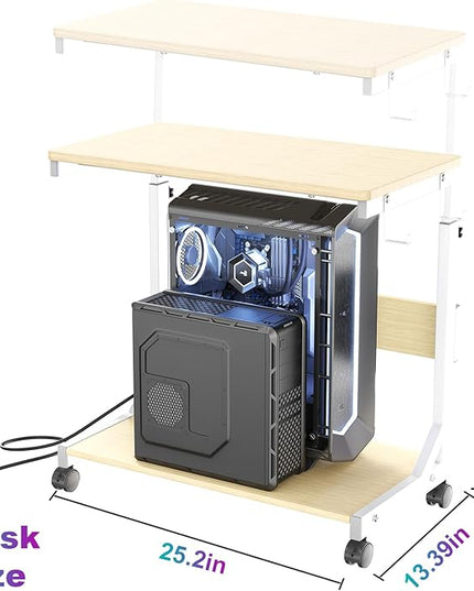 Height Adjustable Computer Tower Stand with Charge Station and USB Charging Port, 2-Tier ATX-Case Cart, Under Desk Mobile PC Stand, CPU Holder Cart with Locking Caster Wheels for Fits Most PC