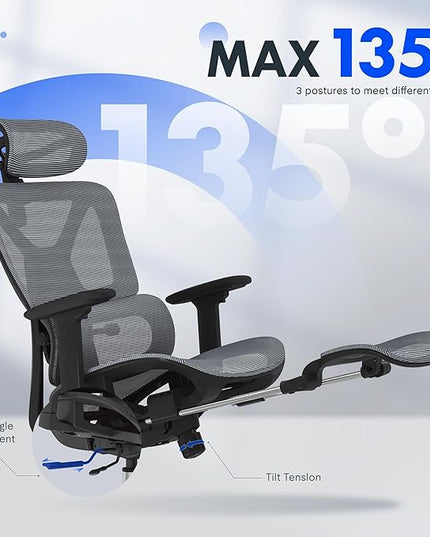 FLEXISPOT ErgoX Premium Ergonomic Office Chair with Footrest- Adjustable 3D Armrests, Dynamic Lumbar Support, Recline & Tilt Function, Mesh Seat, for Home & Office Use,Dark Grey