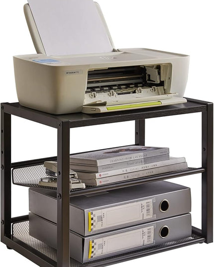 YMYNY Desktop Printer Stand, 3 Tiers Desk Organizer with Adjustable Storage Shelves, Multi-Purpose Printer Shelf for Home Office, Fax Machine, Scanner, Files, Books, Black, UHPT001B