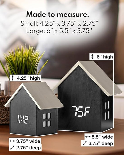 Driini Digital House Shaped Alarm Clock with Temperature Display (Dark Wood) – Modern Aesthetic with Cute Cube Frame and White LED Dimmer - Perfect Small Desk Clock for Bedside Table or Bedroom Mantle