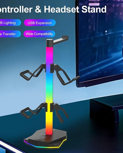 Jiawu Gaming Headphone Stand, RGB Headphone Stand with 2 USB & 1 Type C Port, Controller Holder Rack, Headset Holder Hanger, Computer Game Accessory for Desktop