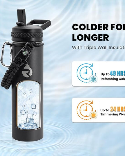 Insulated Water Bottle 20 oz, Triple Wall Vacuum Stainless Steel (Cold for 48 Hrs), Leak Proof & Non-BPA, Kids Water Bottle Jug for School with Straw Spout Lids, Magic Black