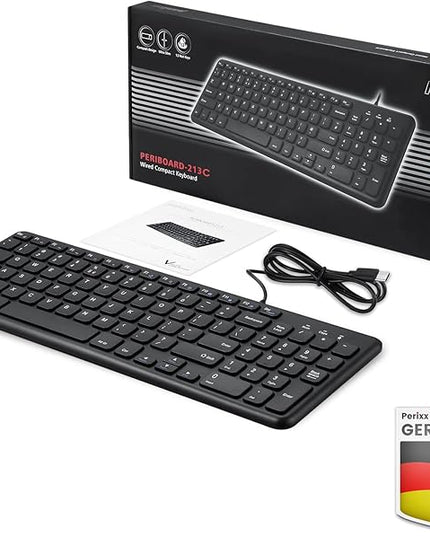 Perixx PERIBOARD-213C Wired Silent USB-C Scissor Keyboard - 14.45x4.76x0.71 Inches Compact Design with Number Pad - Black - US English