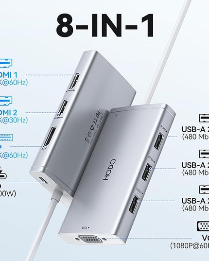 USB C Docking Station Dual Monitor Adapter for Dell HP, Laptop Docking Station 3 Monitors Quadruple Display USB C Hub Dongle to 4K HDMI+DisplayPort+VGA,100W PD, 3USB2.0, 8 in 1 Thunderbolt Dock