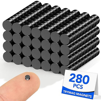 TRYMAG Small Magnets 280Pcs, 3x2mm Black Small Strong Neodymium Round Refrigerator Magnets Tiny Rare Earth for Crafts, Dry Erase Board, Office