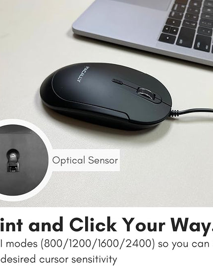 Macally Computer Mouse Wired, Silent USB Mice - Slim & Compact USB for Apple Mac or Windows PC Laptop/Desktop - Designed with Optical Sensor & DPI Switch - Simple - Black