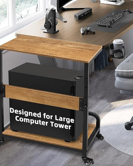 2-Tier Computer Tower Stand Adjustable, Gaming PC Floor Stand Large for ATX, E-ATX, ITX, Rolling PC Tower Cart with Guardrail, Metal Locking Wheels, 32.7" X 21.6" X 15.8",Walnut