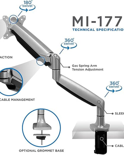 Mount-It! Single Monitor Arm Desk Mount | Gas Spring Monitor Arm | Full Motion Articulating Height Adjustable | Fits 21 22 23 24 27 30 32 Inch VESA Compatible Computer Screen | Clamp and Grommet Base