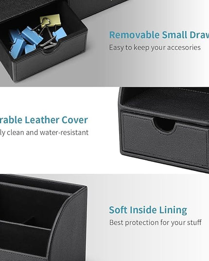 Vlando Office Desk Organizer Leather Desktop Organizer Caddy with Drawer for Storing Desktop Supplies and Accessories (Black Set)